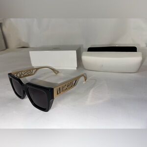 Versace Sunglasses Black Acetate Square Lens Shades Gold Metal Logo Cut Out Arms